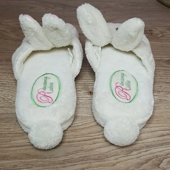 Runaway Rabbit Creations Plush Bunny Slippers Off White House Shoes Pink Black - Picture 3 of 9